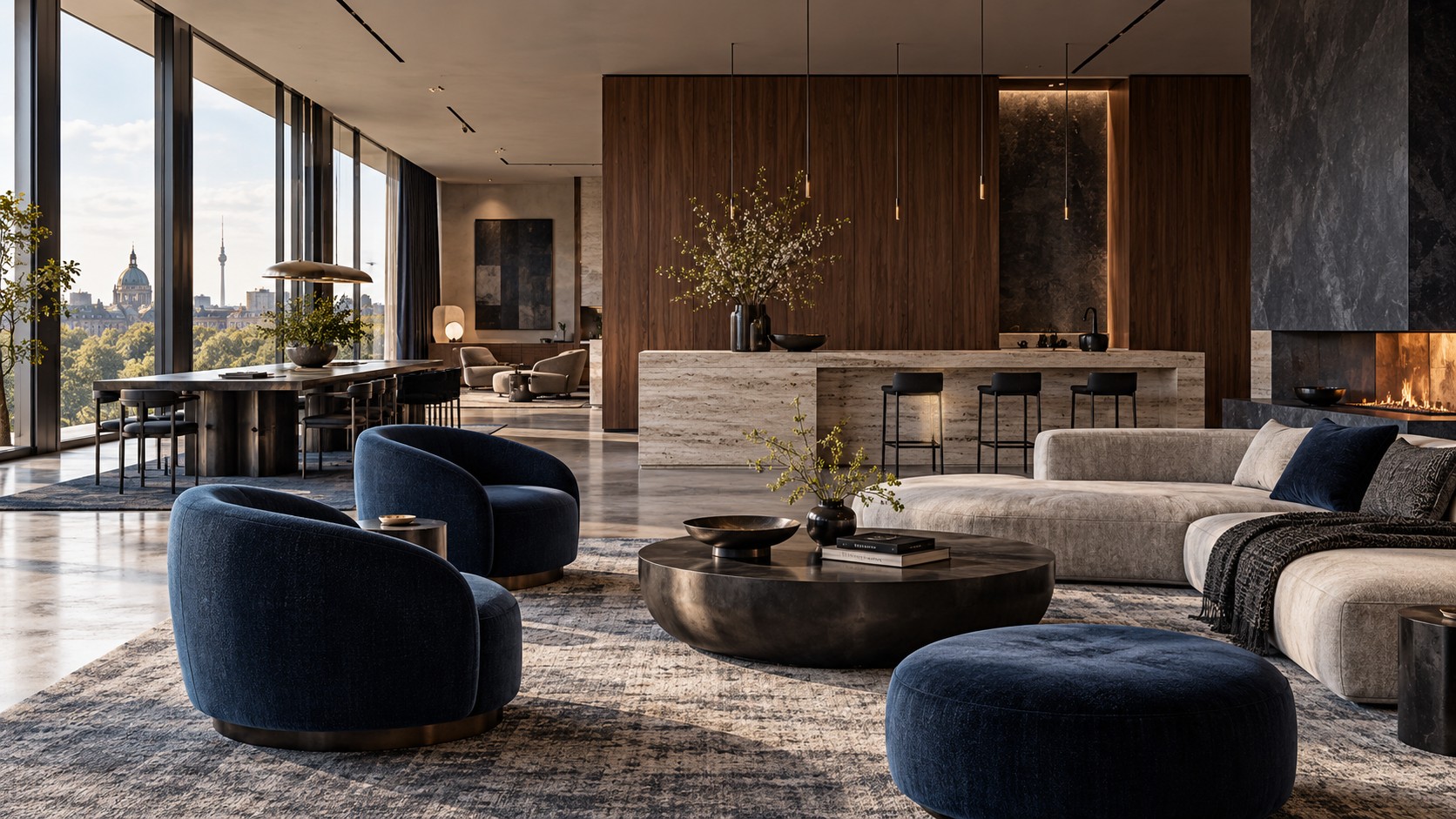Visualisierung einer eleganten Lounge mit Holz, Naturstein und blauen Sesseln